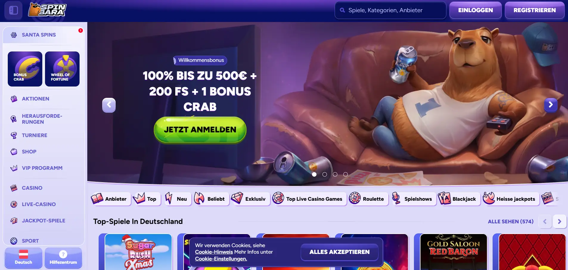 Spinbara Casino-Menü