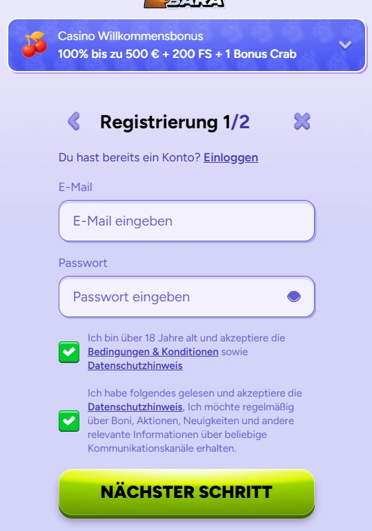 Spinbara Casino-Registrierungsbereich